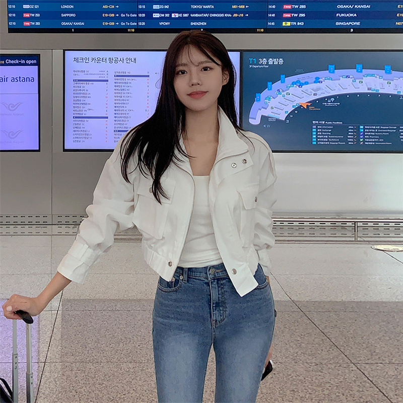Short Workwear Jacket for Women, Dongdaemun White Spring Style, Unique Stand Collar, Zipper, Loose Fit, Thin and Slim-Fitting Top Short Workwear Jacket for Women, Dongdaemun White Spring Style, Unique Stand Collar, Zipper, Loose Fit, Thin and Slim-Fitting Top