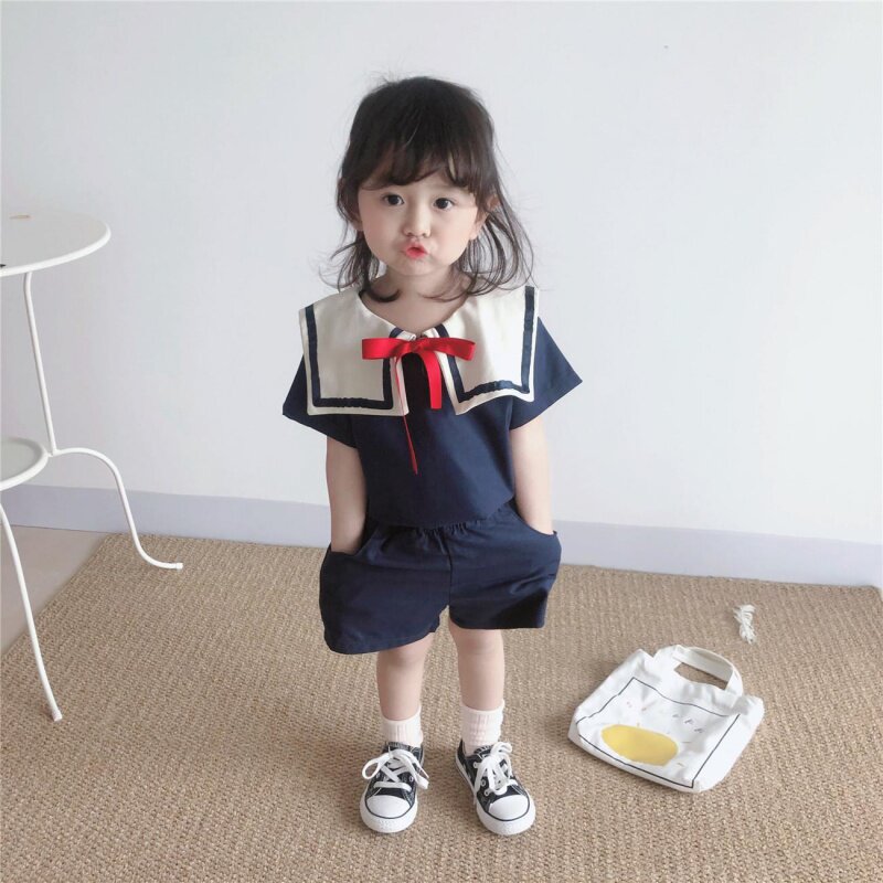 Girls summer suit 2021 new style college wind female treasure casual two-piece children's navy lapel short-sleeved shorts