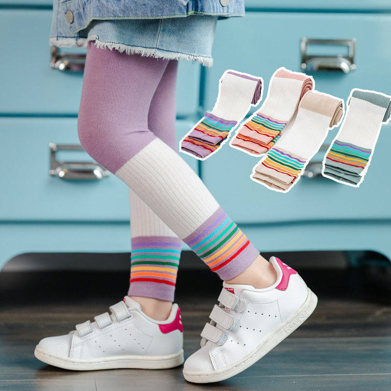 Girls leggings spring and summer thin rainbow strip personality baby girl pants Korean version of the tide children outside wearing foreign cropped pants