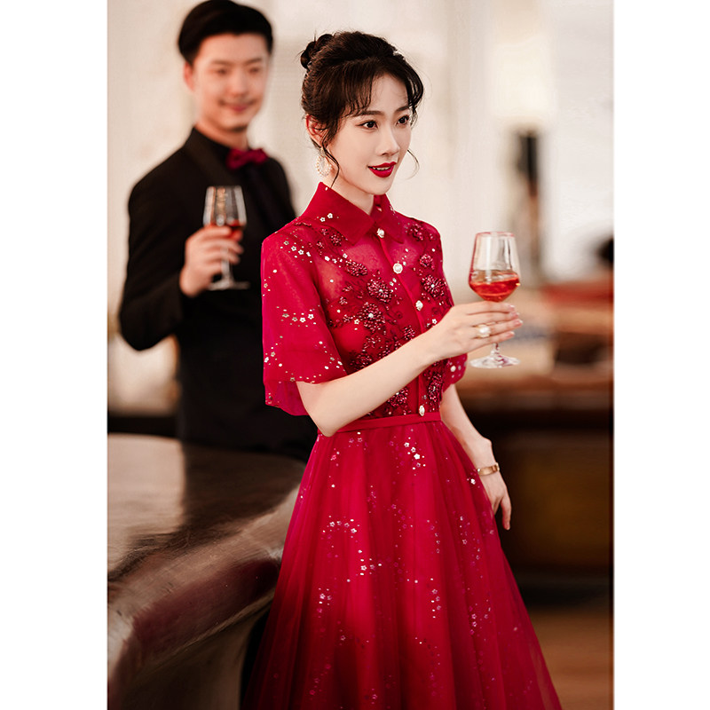 Superior sense of wine The bride is small and usually can be worn with sequin engagement wedding gown red ocean dress female summer
