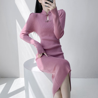 New Chinese-Style Retro Improved Cheongsam Dress for Women with Button Closure, Elegant and Graceful, Puff Sleeves, Slim Fit, Long Inner Dress