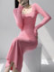 Hot Girl Square Neck Sexy Long Sleeve Dress Women's Spring and Autumn Waist Bottoming Long Skirt Slim Fit Fishtail Hip Skirt