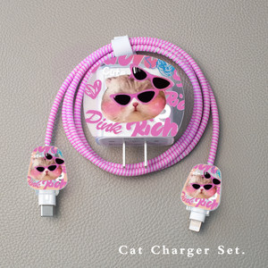 Suitable for apple 20w data cable protective case iphone14promax/13pro 12max charger protective case cartoon cute and comfortable personality transparent semicircle print sunglasses cat