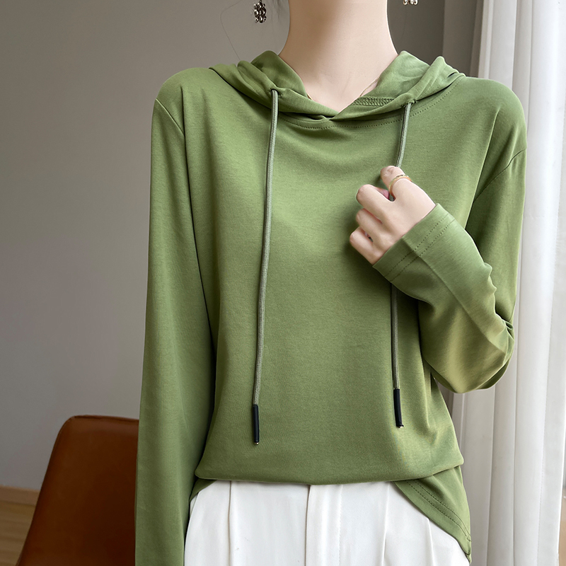 Silk-Gloss Pure Cotton Hooded Sweatshirt Long-Sleeve T-Shirt for Women, Thin Style with Hood, Fashionable Versatile Autumn Top