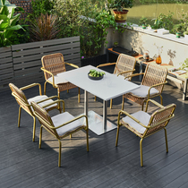 Outdoor waterproof sunscreen table and chair bamboo rattan chair outdoor leisure table and chair combination villa terrace open-air garden rattan chair