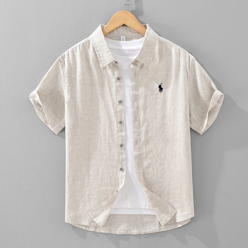 French Jenni Tenno High-End 100% Pure Linen Embroidered Short-Sleeved Shirt for Men, Summer Loose-Fitting Gentleman's Shirt French Jenni Tenno High-End 100% Pure Linen Embroidered Short-Sleeved Shirt for Men, Summer Loose-Fitting Gentleman's Shirt