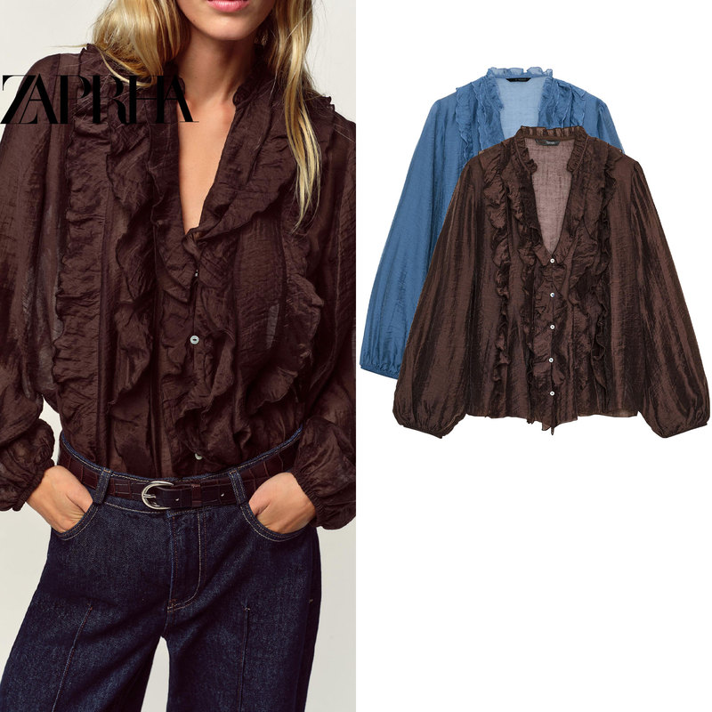 New French-Style Layered Decorative Loose Long-Sleeve Ruffled V-Neck Shirt for Women with a Sense of Design 5029209
