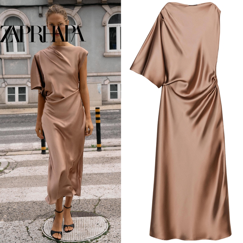 2026 Summer New Silk Satin Asymmetrical Sleeve Midi Dress with Elegant Drape and Slimming Effect 2388748