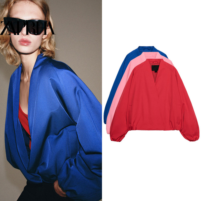 Relaxed Fit V-Neck Drop Shoulder Lantern Sleeve Hem Ruched Loose Silhouette Bomber Jacket for Women 5247049 Relaxed Fit V-Neck Drop Shoulder Lantern Sleeve Hem Ruched Loose Silhouette Bomber Jacket for Women 5247049