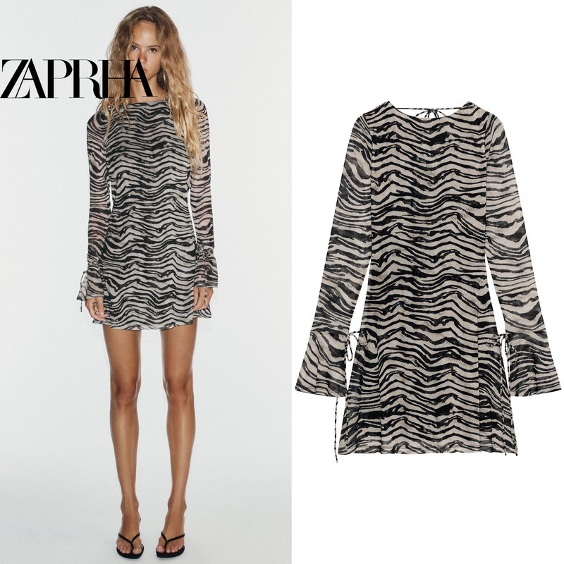 American-Style Spicy Girl Animal Print Round Neck Back-Tie Double Drawstring Flared Sleeves Backless A-Line Dress 5039846