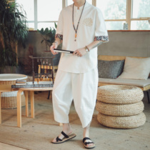 Chinese style mens buckle short sleeve T-shirt set summer thin Tide brand half sleeve shirt loose casual ankle-length pants