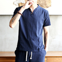 Summer new mens V-neck linen short sleeve T-shirt large size loose body shirt top Tide brand Chinese style casual clothes