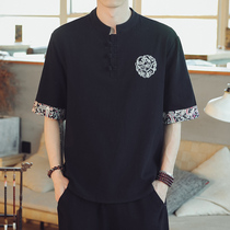Chinese style mens short sleeve T-shirt loose embroidery Chinese half sleeve fashion Mens stand collar clothes summer thin