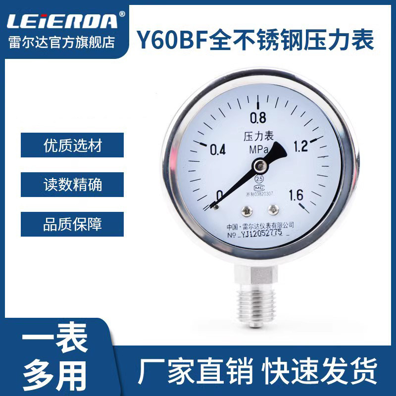 Relda all stainless steel pressure gauge Y60BF radial high temperature resistant acid and alkali resistant vacuum hydraulic pressure full specifications