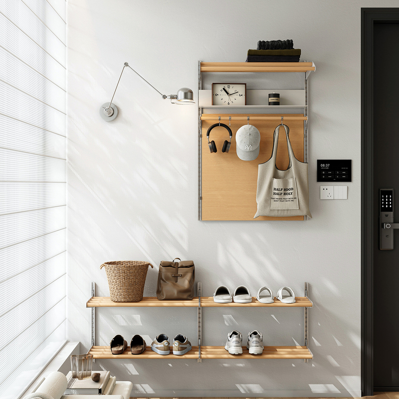 Modern Minimalist Entryway Wall-Mounted Multifunctional Storage Cabinet with Adjustable Hanging Hooks and Shoe Rack