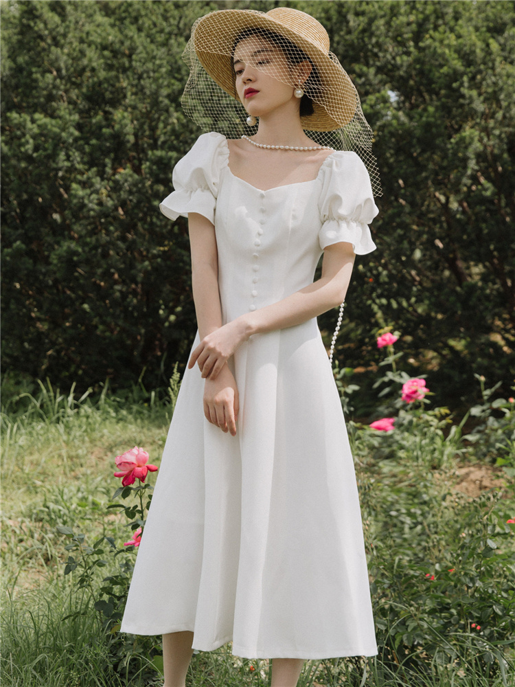 French light wedding dress small dress 2021 new white dress gentle wind collar card simple daily dress satin woman