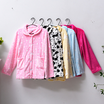 Winter flannel pajamas womens long sleeve one-piece top plus velvet thick and warm loose coral velvet cardigan home clothes