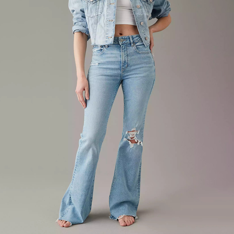 American Eagle Aeo New Summer High-Waisted Stretch Jeans for Women, Slim Fit, Distressed, Frayed Hem, Flared Pants, Trendy