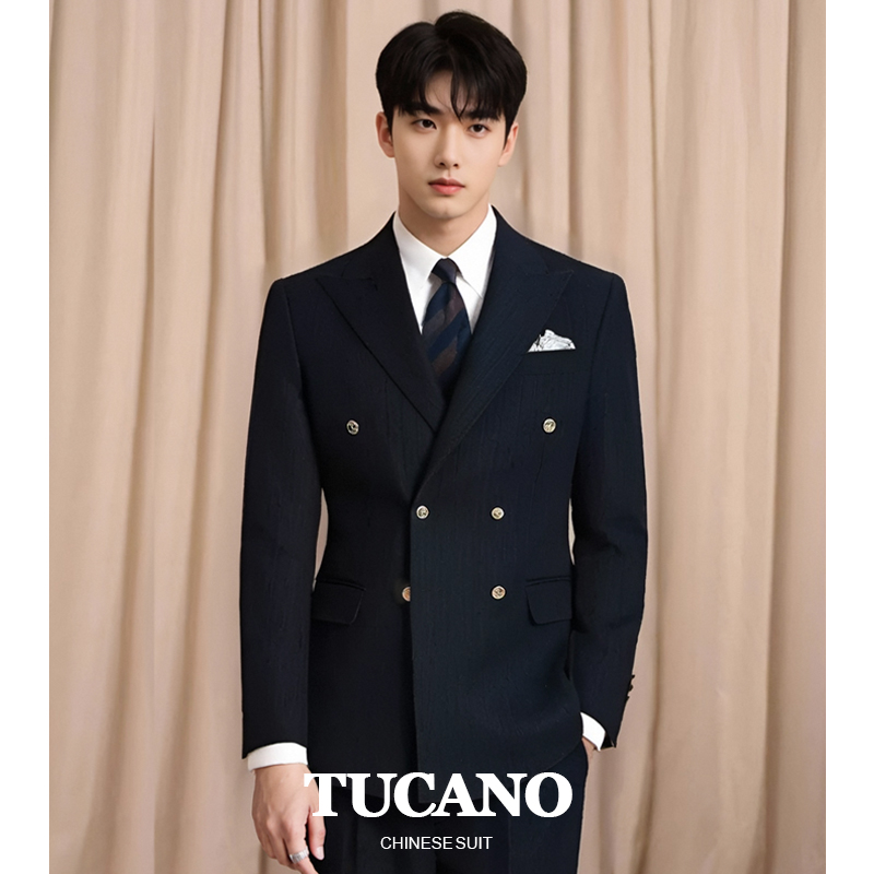 ウッドペッカーの高級スーツ メンズスーツ ネイビーブルー イタリアンブレザー ドレス スリム ダブルブレスト スーツジャケット