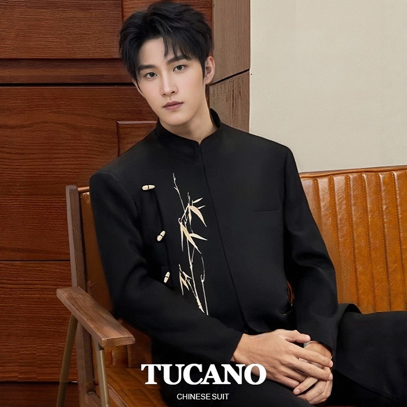 Woodpecker New Chinese Style Light Luxury Bamboo Embroidery Suit Set for Men, New Trendy Handsome Men's Suit for Commuting, Groom, Engagement
