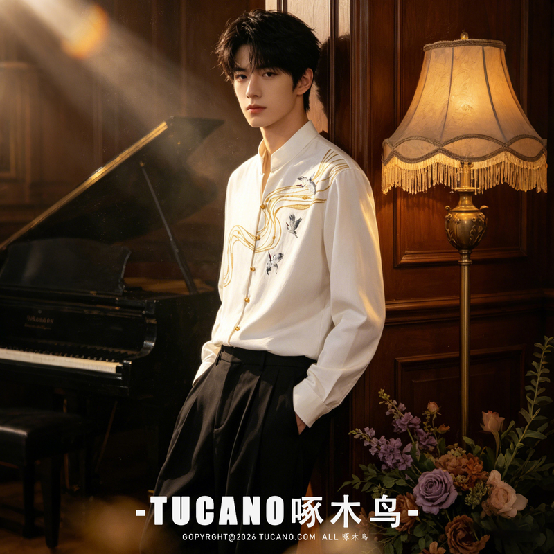 Woodpecker High-End Men's Stand-Up Collar Shirt with Elaborate Crane Embroidery, New Chinese Style, Wrinkle-Resistant and Easy-Care Casual Top