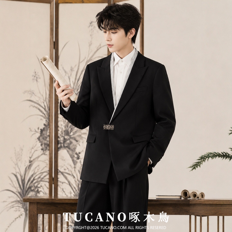 Woodpecker Brand Chinese-Style Design Metal Buckle Black Suit Groom Wedding Engagement Wrinkle-Free Handsome New Chinese-Style Suit