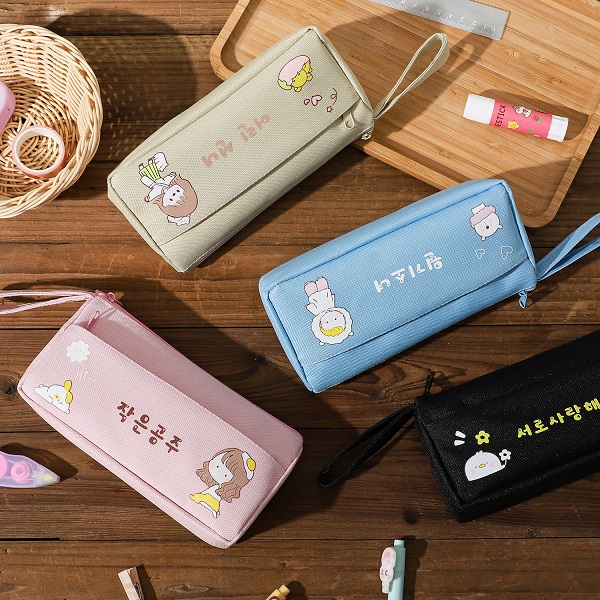 Han edition in large capacity handbag girls minimal Qing freshly cartoon stationery bag double deck red triangle pupils adorable salt department Oxford pencil box
