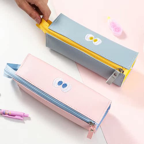 ins wind creative embroidery pen bag day series big opening square waterproof PU national reputation stationery bag elementary school students junior high school small crowdstationery cashier bag multifunction cute portable pencil case high face value