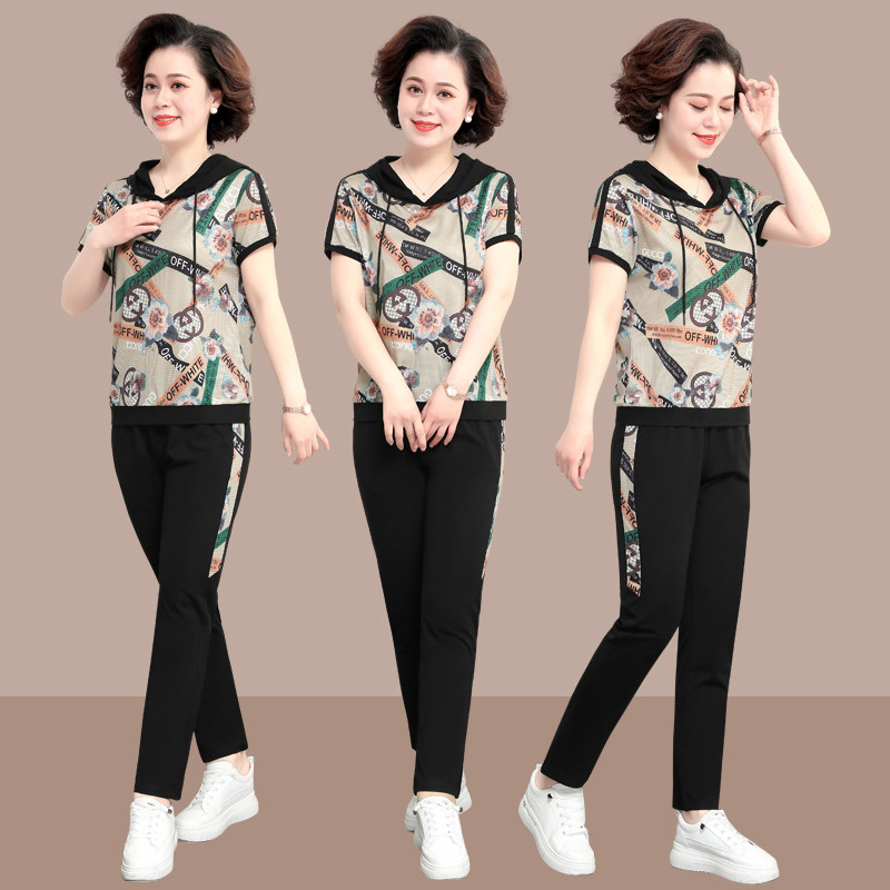 361 mother summer sports suit female middle-aged and elderly casual Jordano short-sleeved hooded top 50-year-old two-piece