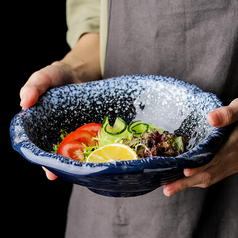 Creative Irregular Ceramic Bowl Large Code Thickened Deep Bowl Fruit Salad Bowl Soup Noodle Bowl Linen Hot Bowl Restaurant Commercial-Taobao