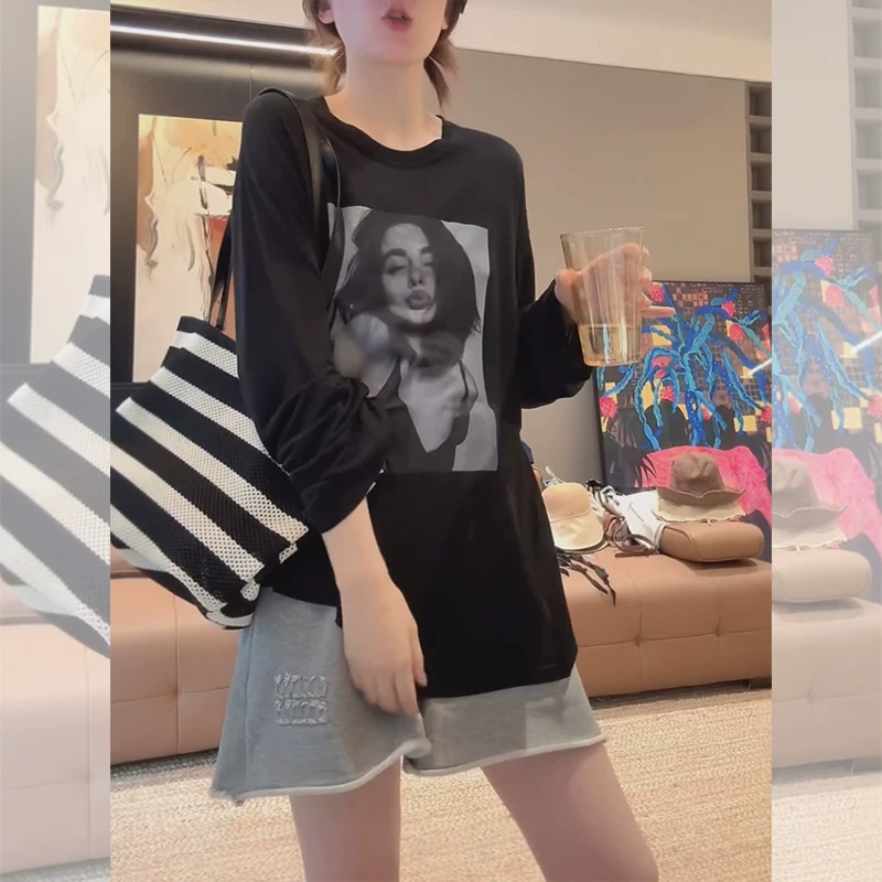 Ретро осень базовый лонгслив для отдыха, oversize