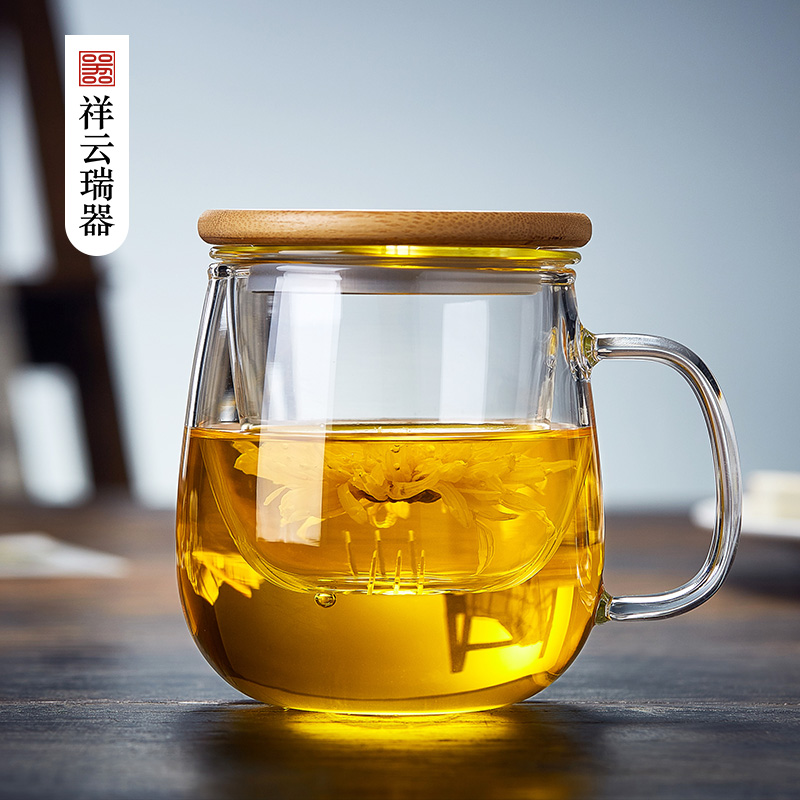 Glass Tea Cup Home Flower Tea Cup Transparent With Lid Bubble Tea Cup Office Water Glass Lady Filter Heat Resistant Wood Cover Cups-Taobao
