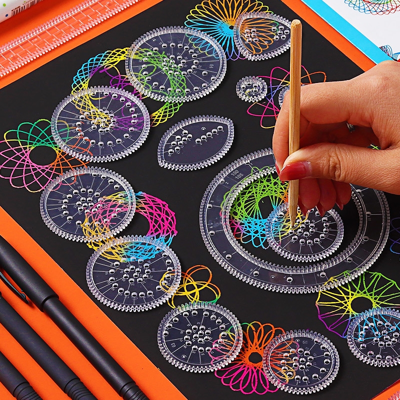 Puzzle Kaleidoscope Magic Set Painting Ruler Stationery Creative Children's Painting Magical Flowers Curve Gauge Transparent Primary School Students Multifunctional Hand-copied Newspaper Template Hollow Gear Painting Artifact