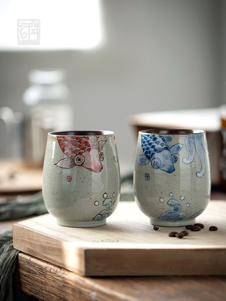 Empty clouds hand painted fish Mark cup Couple ceramic cup Jingde Town pure hand - made breakfast cup coffee milk cup