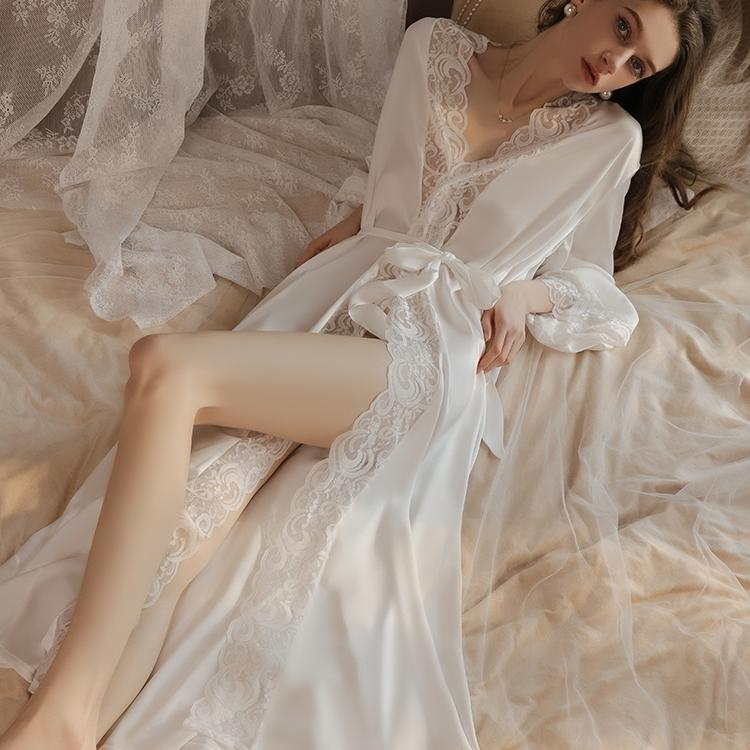 Bella Sexy Nightgown Women's Bathrobe Long Red Pure Desire Palace Bride Wedding Silk Dressing Gown Home Sleep Robe