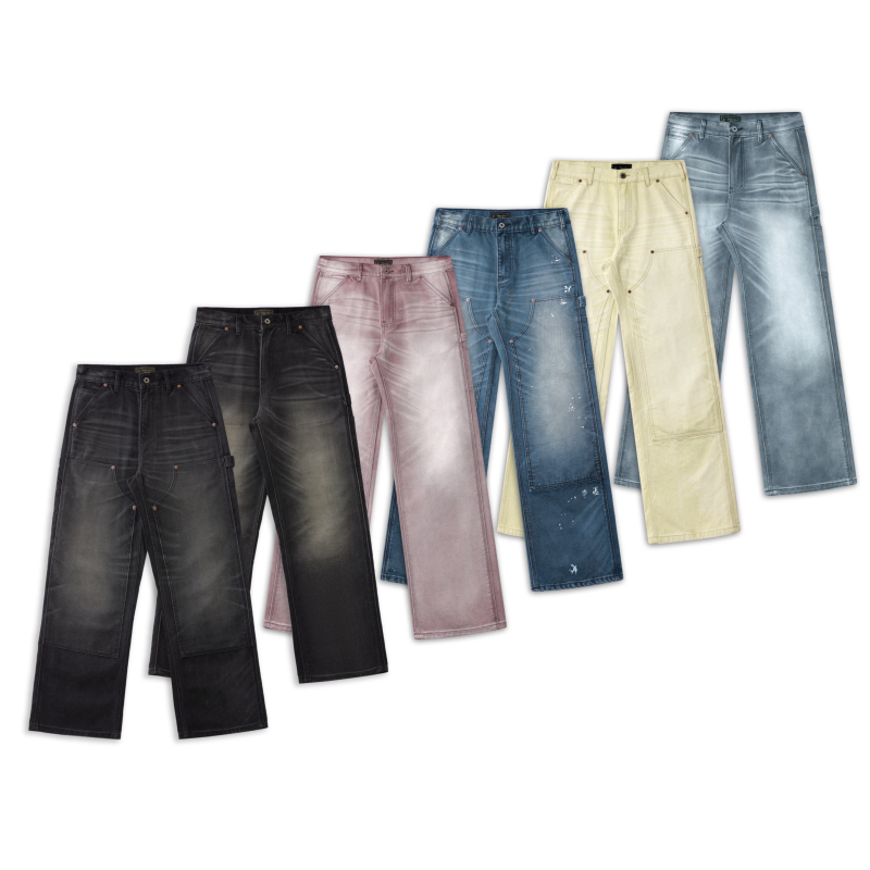 Vowprogress* Custom Woven High-Density Canvas B01 Sand-Washed 1-of-1 Splash-Ink Double-Knee Straight-Leg Lumberjack Work Pants