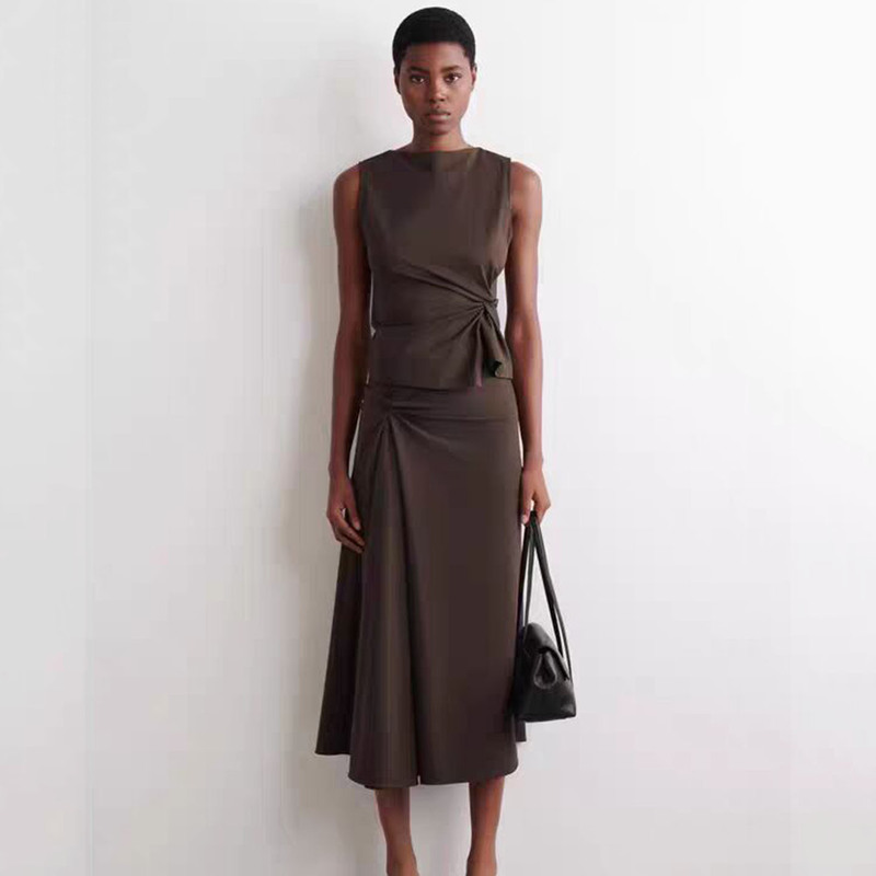C Women's Clothing Summer New Arrival Slim Fit Waist-Defining Design with Twist Detail Dark Brown Tank Top and Skirt C Women's Clothing Summer New Arrival Slim Fit Waist-Defining Design with Twist Detail Dark Brown Tank Top and Skirt