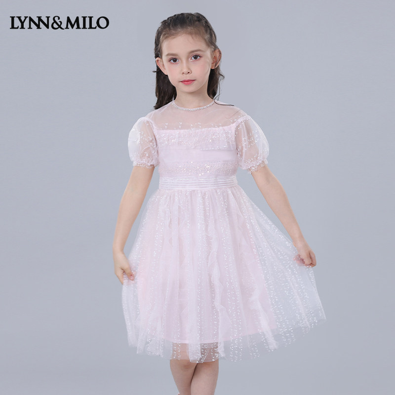 LynnMilo children's clothing princess dress 2022 summer polka dot short-sleeved mesh girl's Western style dress
