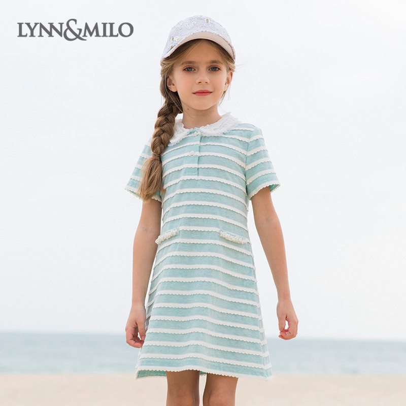 LynnMilo Lynn Milo 2022 summer girls dress sweet flower collar striped children's treasure short-sleeved skirt
