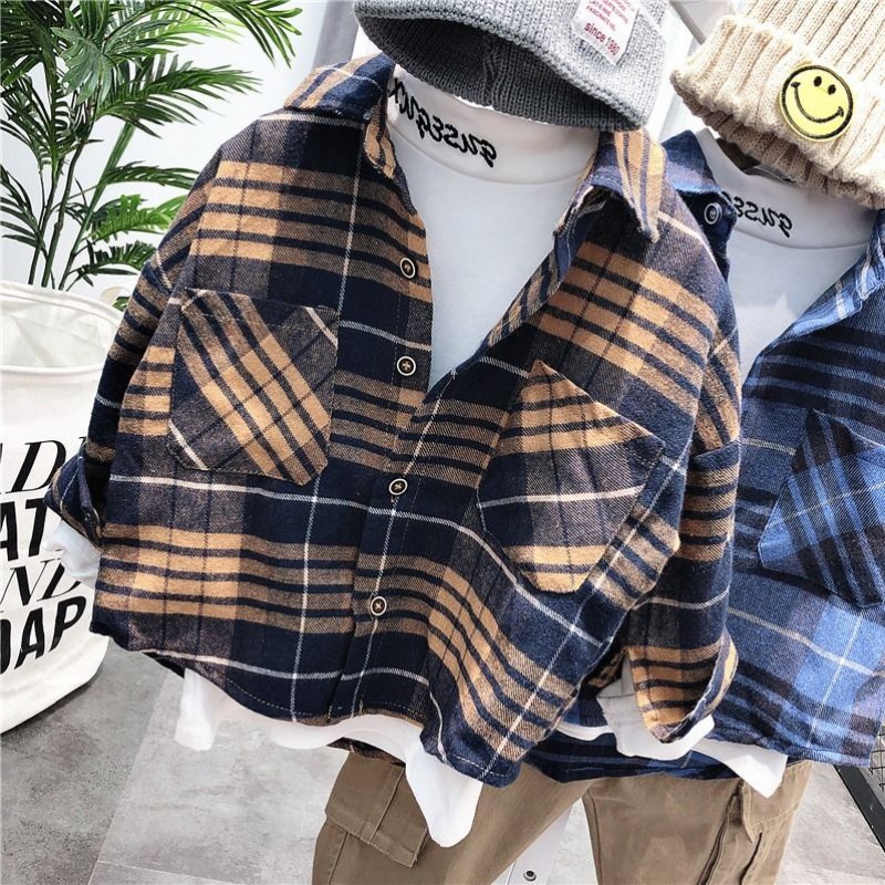 2020 boys children's clothing children's spring cotton 100 hitch plaid shirt boy Korean version casual 100 hitch-style shirt