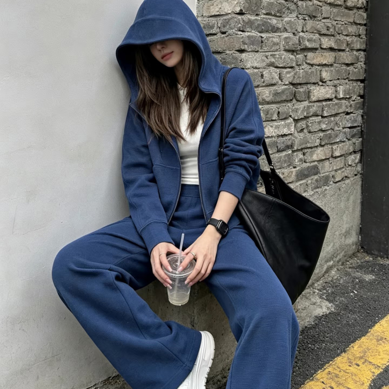 Lazy Style Waffle Hooded Zip-Up Cardigan Sports Suit for Women, Spring and Autumn Loose Wide-Leg Pants Casual Two-Piece Set