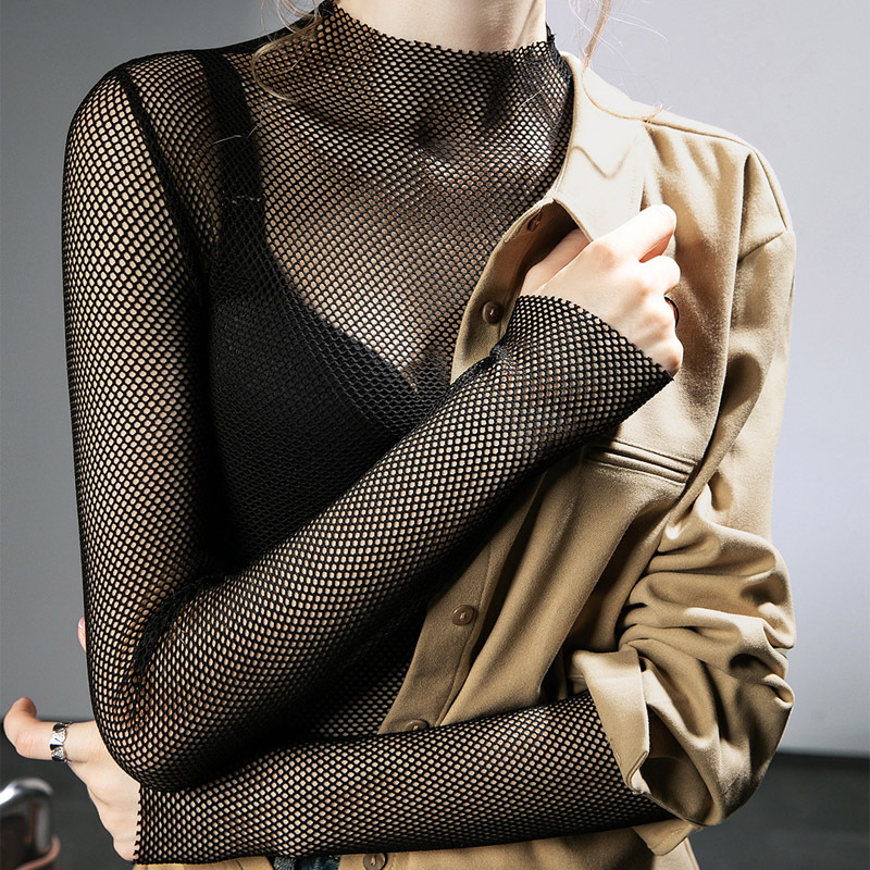 European and American Style Black Sheer Mesh Long-Sleeve T-Shirt for Women, Autumn Half-High Collar, Sheer and Stylish Thin Inner Layer Base Shirt European and American Style Black Sheer Mesh Long-Sleeve T-Shirt for Women, Autumn Half-High Collar, Sheer and Stylish Thin Inner Layer Base Shirt