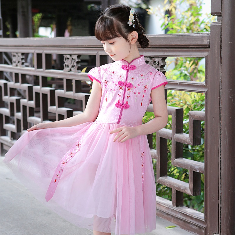 Girl mới siêu cổ tích ngắn tay giữa chiều dài khí đầm mùa xuân và mùa hè sườn xám váy hiệu suất Guzheng cổ điển Tang váy