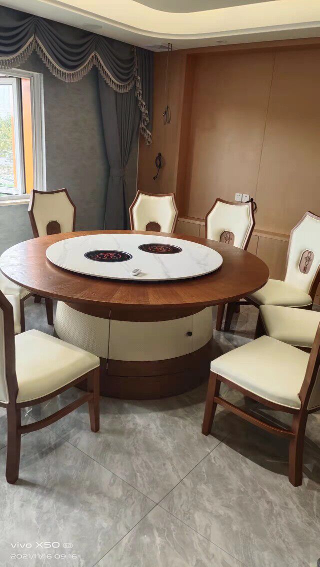 Hotel Dining Table Large Round Table Hotel Clubhouse Electric Turntable Solid Wood Multi-Laminate Large Round Table 10 People 20 People