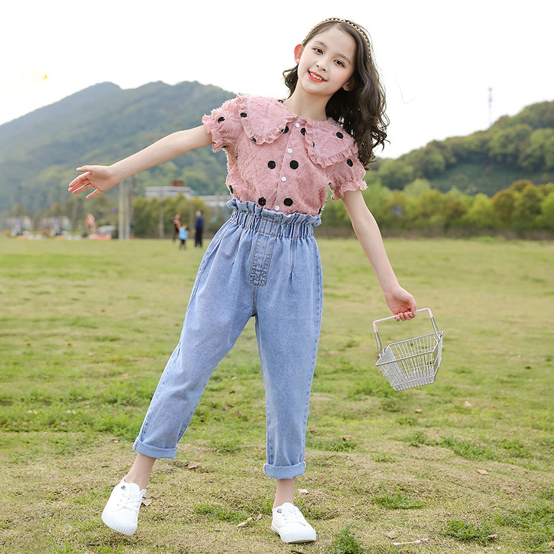 Korean girls summer suits 2022 new summer western style middle-aged children's girls short-sleeved fashionable two-piece suit