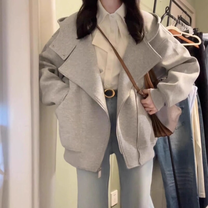 American Retro Gray Hooded Sweatshirt Jacket for Women 2026 New Popular Korean Style Lazy Short Jacket Top