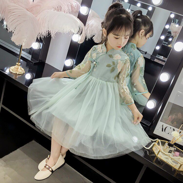 Girl Ocean Dress 2022 Summer New Retro Web Yarn Dress Children Skirt Little Girl Embroidered Qipao Princess Dress