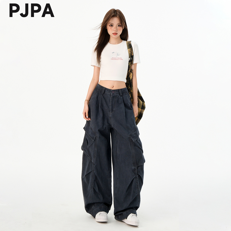Pjpa Navy Blue American-Style Work Pants for Women, 2026 New Summer Pants, Relaxed Fit Wide-Leg Jeans