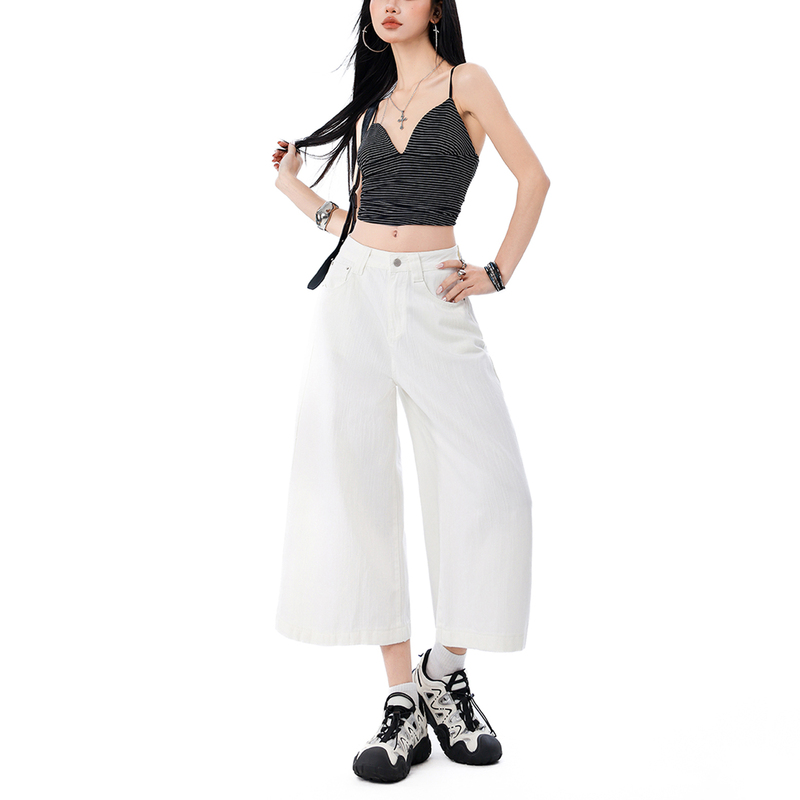 Pjpa American-Style Cropped Wide-Leg Jeans for Women, New Spring/Summer White High-Waisted Loose Slimming Straight Pants for Petite Figures