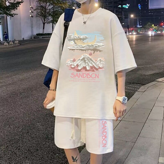 美式复古涂鸦雪山印花短袖短裤男夏季新款潮流大码华夫格休闲套装